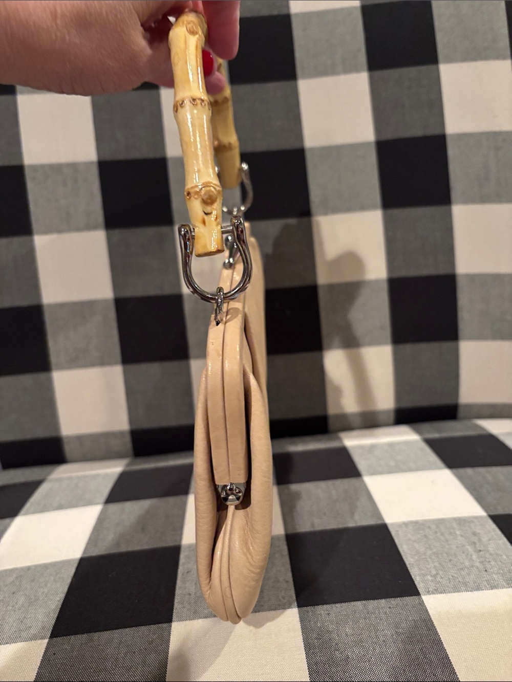 Beige Leather Top-Handle Bamboo Accent Bag - Picture 2 of 4